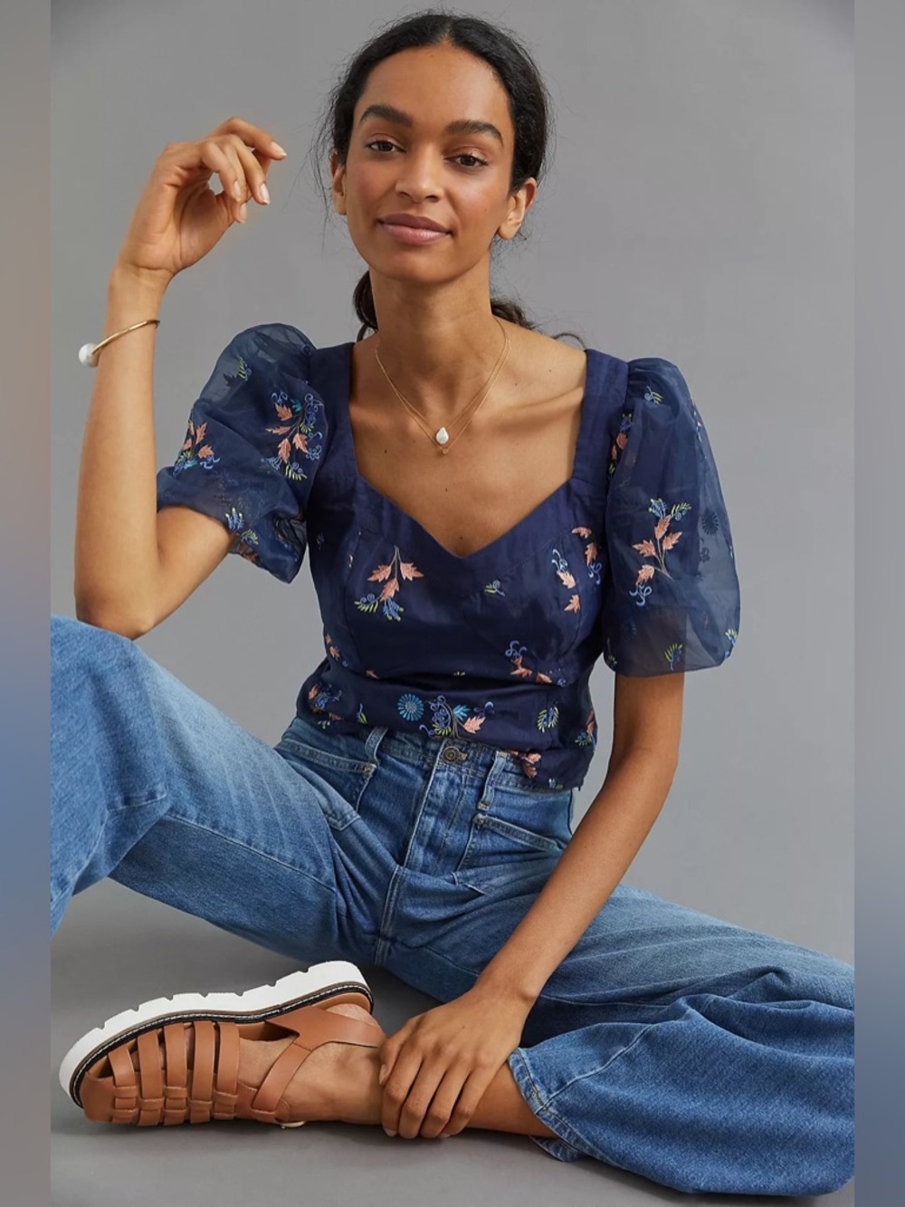 Anthropologie Let Me Be Sweetheart Floral Sheer Light Navy Embroidered Blouse XL